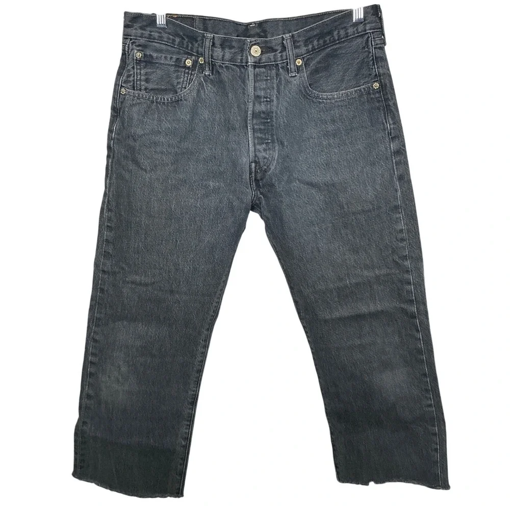 Levi Strauss 501‎ Mens Original Fit Black Denim Jeans 33x30 Button Fly Raw Hem